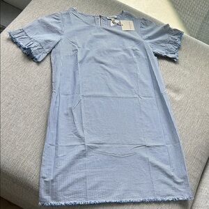 Beach Lunch Lounge Blue Striped Ruffled Short Sleeve Dress Cara Large NWT